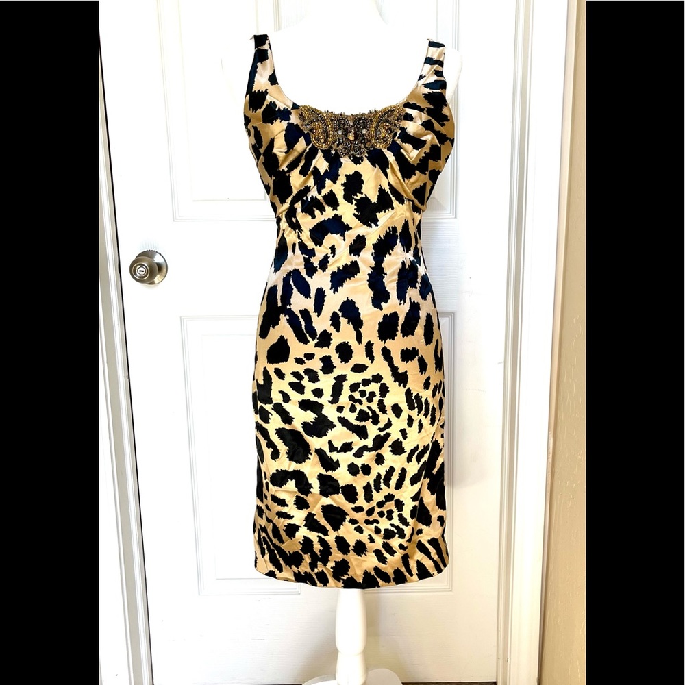 David Meister. Leopard print with fabulous plunging beaded neckline.